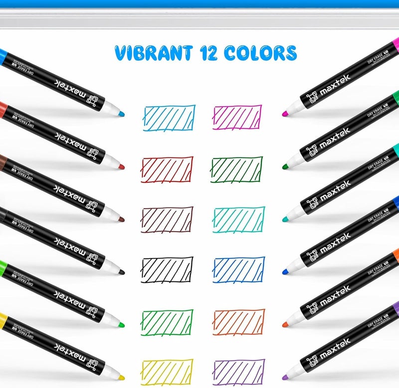 maxtek Whiteboard Pens Magentic, Fine Tip Dry Wipe Pens, Assorted Colours, White Board Markers Erasable with Eraser, Low Odour Thin Whiteboard Pens - Image 5