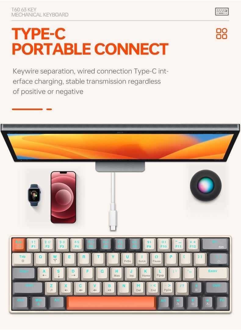 63 Keys Mechanical Gaming Keyboard ,75% Mini Wired Waterproof Backlit Silent Color RGB Light Effect ,Suitable for PC/Ps4/Xbox Gamers - Image 2