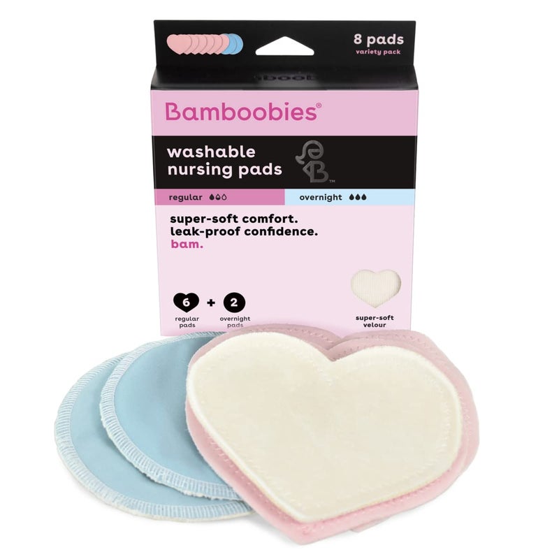 Bamboobies Women’s Nursing Pads, Reusable and Washable, Blue and Light Pink, 3 Regular Pairs and 1 Overnight Pairs, Leak-Proof Pads for Breastfeeding, 4 Pairs - Image 1