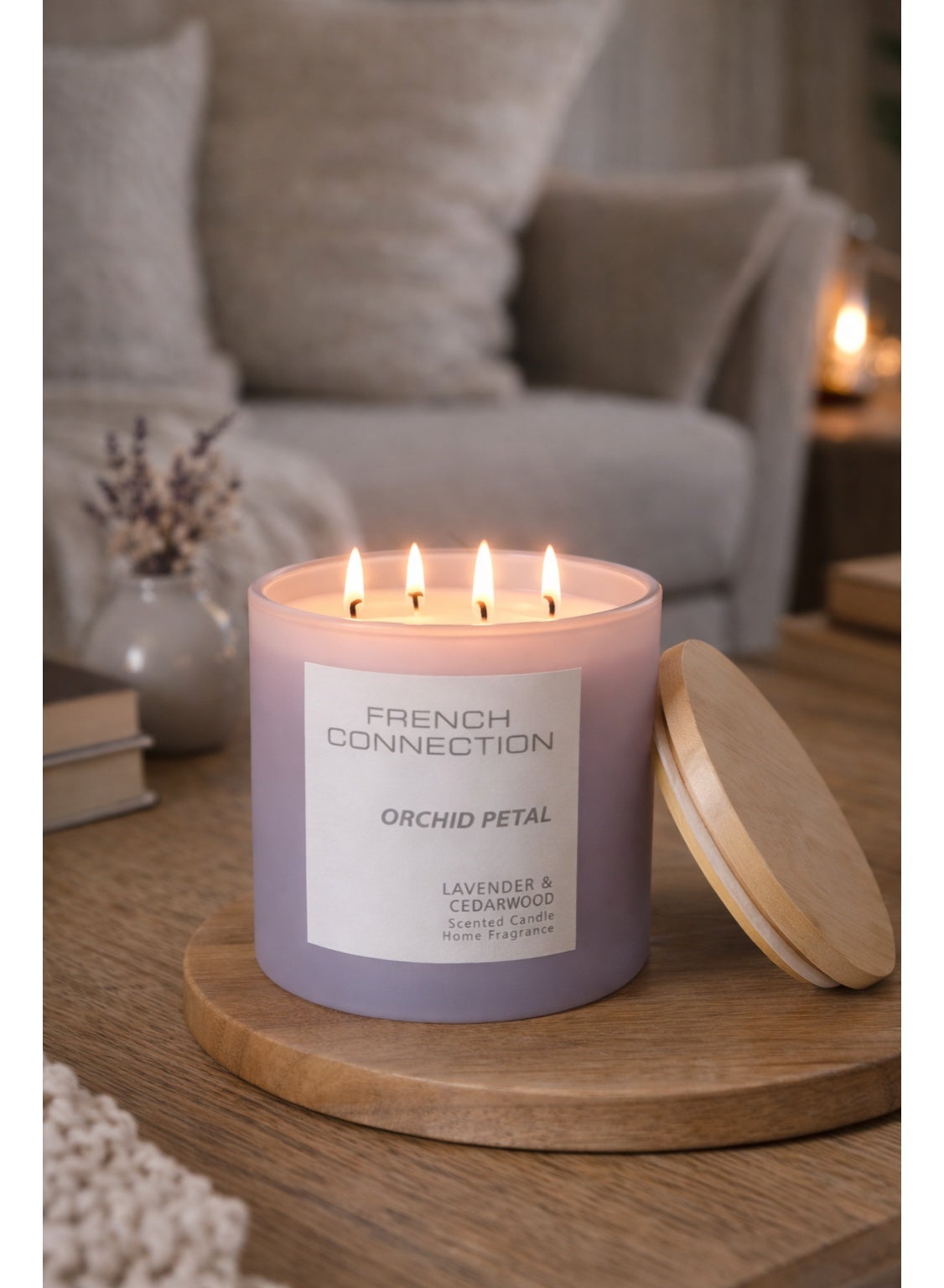 Jar Candle Scented Large, Lavender & Cedarwood - 1.5KG, Shea Butter Wax, 4-wick with wooden lid | Burn Time - 91hrs | Pastel Collection| Perfect for Gifting, Home Décor, Parties & Room Perfuming | Ideal for Living room and Office Décor