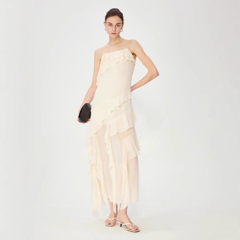 Custom Mulberry Silk Lightweight Flowy Bias-cut Camisole Dress with Ruffle Hem, Fairy Ocean Wave Set - Image 1