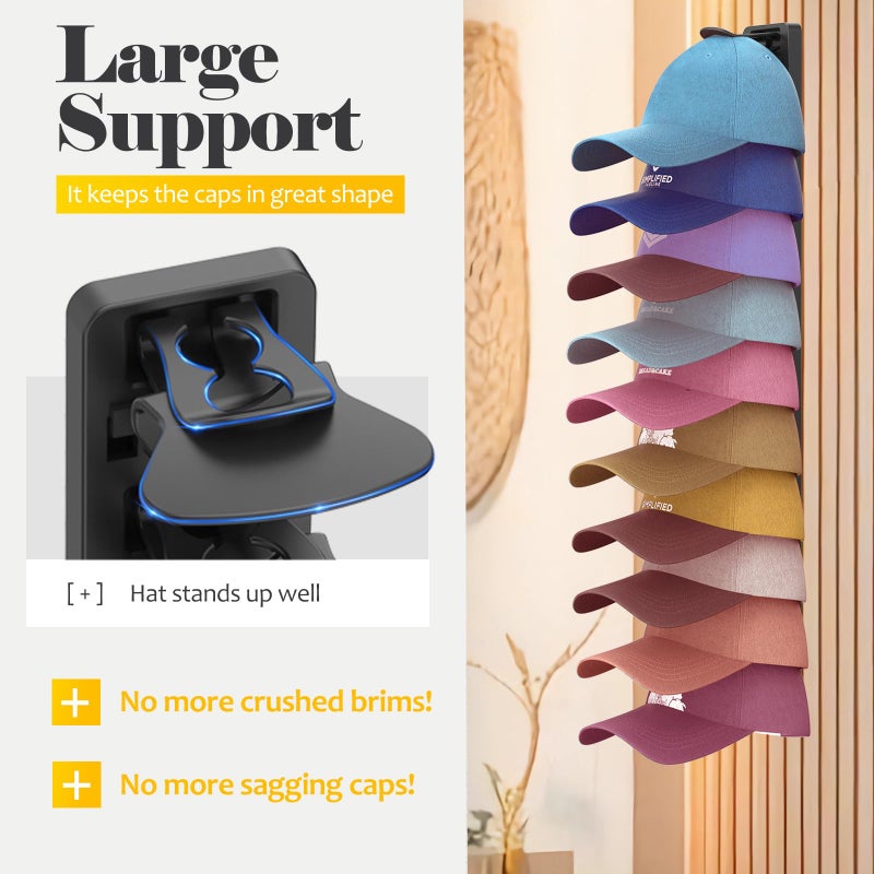 HeQe Hat Organizer for Baseball Caps 1 Pack, Adhesive Hat Rack for Wall, Baseball Cap Organizer (Black) - Image 3