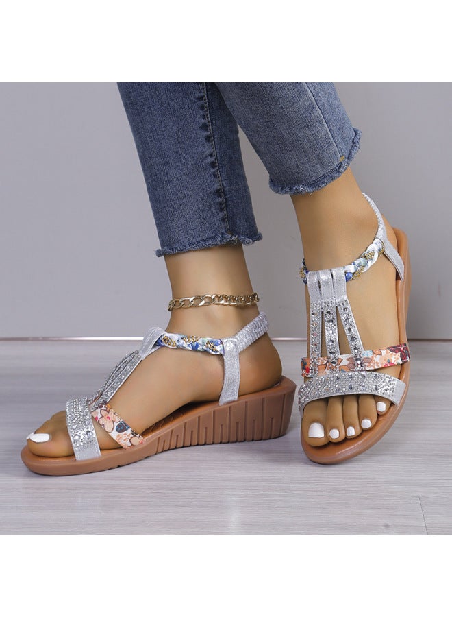 Summer New Arrival Korean Style Fashionable Fish Beak Set Feet Wedge Heel Fashionable Casual Large Size  Rhinestone Roman Sandals