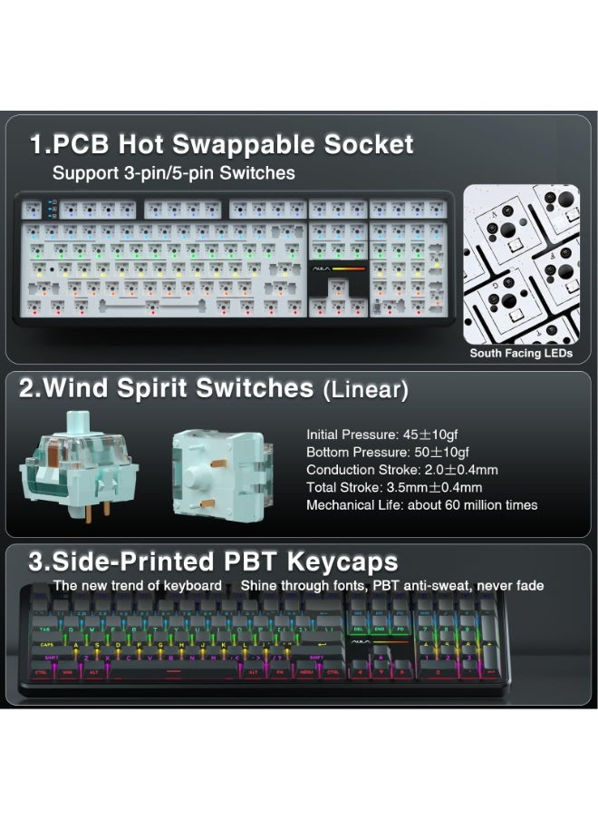 F108 Wireless Mechanical Keyboard, Full Size Gaming Keyboard with Number Pad, Side Printed PBT Keycaps, Pre-lubed Switches, RGB Backlit, Hot Swappable Creamy Sounding Computer Keyboards, 108 keys