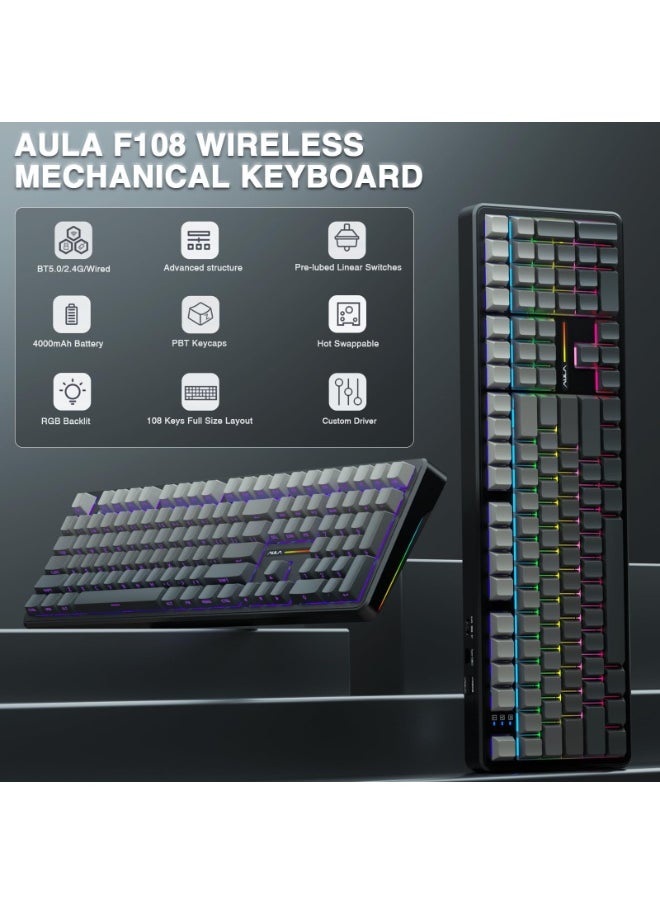 F108 Wireless Mechanical Keyboard, Full Size Gaming Keyboard with Number Pad, Side Printed PBT Keycaps, Pre-lubed Switches, RGB Backlit, Hot Swappable Creamy Sounding Computer Keyboards, 108 keys
