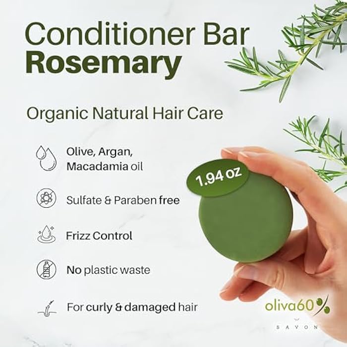 Rosemary Conditioner Bar for Curly Hair | Extra Moisturizing Hair Care- Frizz Control for Damaged Hair | Olive, Argan, Macadamia Oil, Shea Butter | Sulfate & Paraben Free | Vegan | 1.94 oz | OLIVA 60 - Image 2