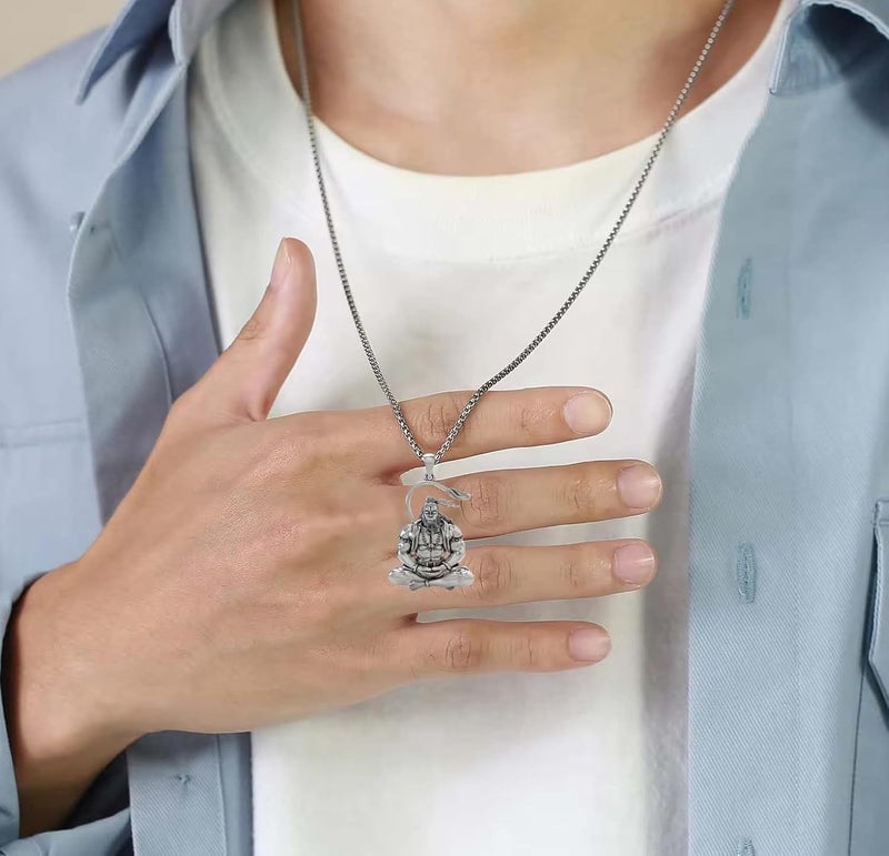 RCW Lord Hanuman Sitting Pose Pendant Chain for Men | Silver-Tone Stainless Steel Spiritual Necklace - Image 2