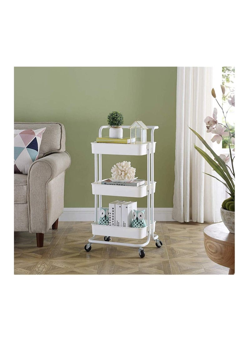بلومنغ تايم عربة أدوات دوارة بثلاث طبقات، عربة تنظيم معدنية دوارة بمقبض وعجلات قابلة للقفل، أرفف تخزين متعددة الوظائف للمطبخ وغرفة المعيشة والمكتب (أبيض) - Image 2