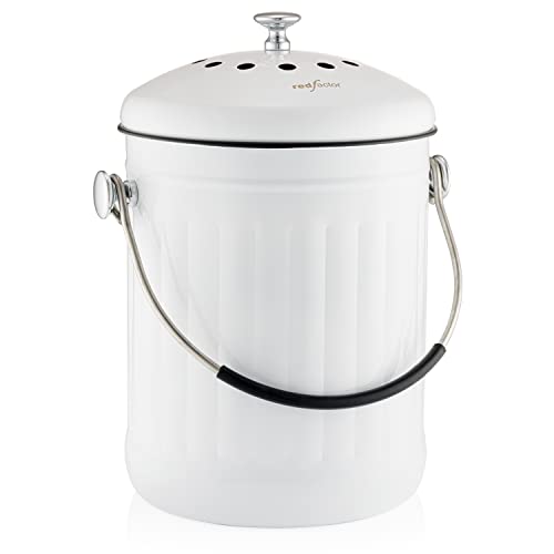 RED FACTOR Premium Compost Bin for Kitchen Countertop - Stainless Steel Food Waste Bucket with Innovative Dual Filter Technology - Includes Spare Filters (White, 1.3 Gallon) - Image 1