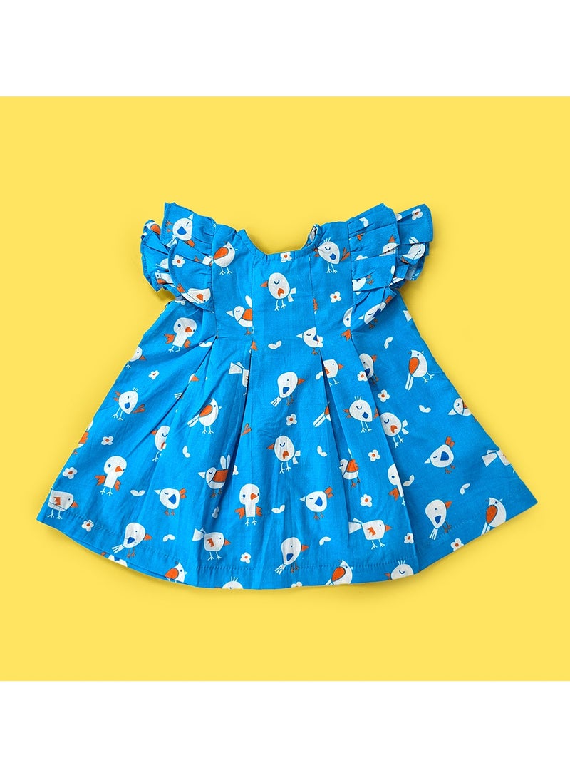 Keebee Organic Cotton Blue Birdie Printed Girls Iris Dress - Image 1