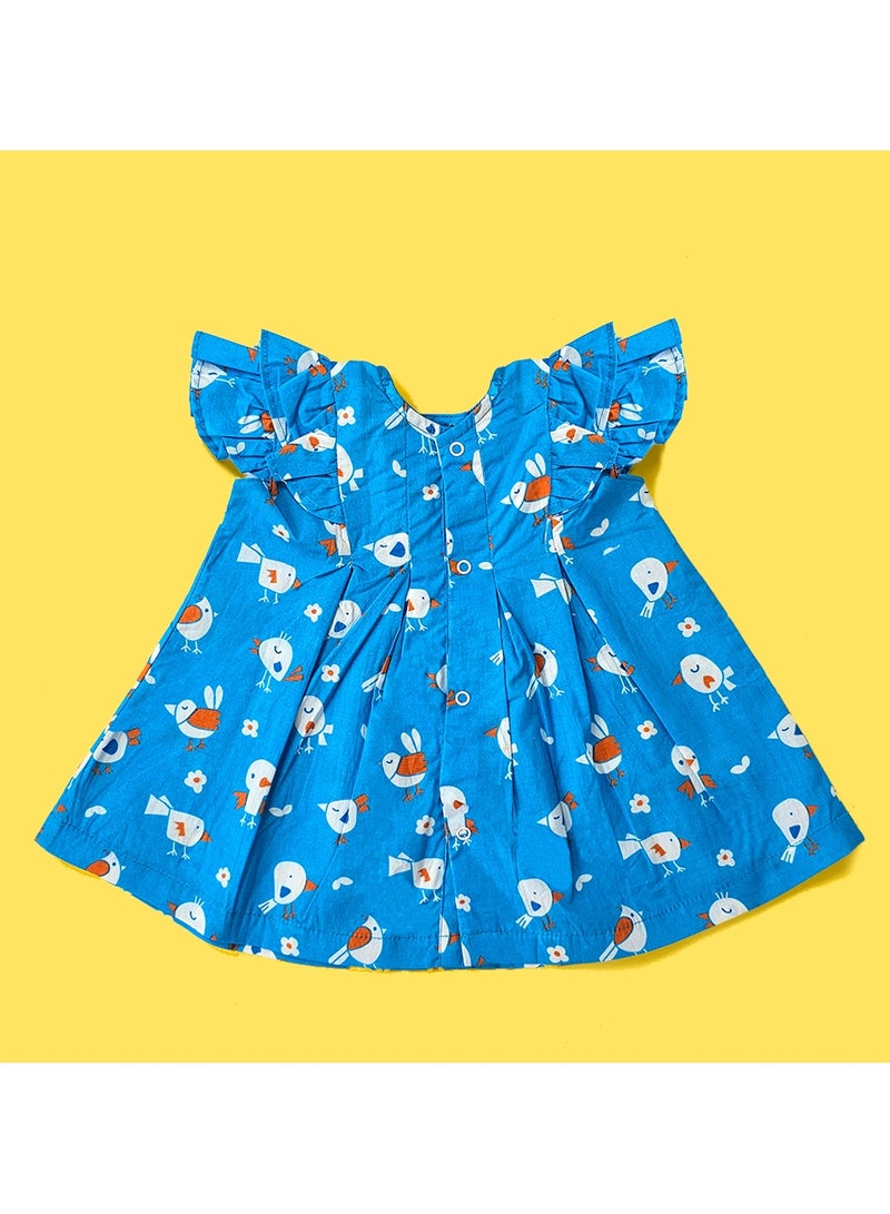 Keebee Organic Cotton Blue Birdie Printed Girls Iris Dress - Image 2