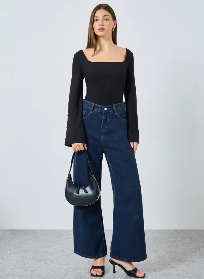 Styli Styli Black Square Neck Ribbed Knit Top