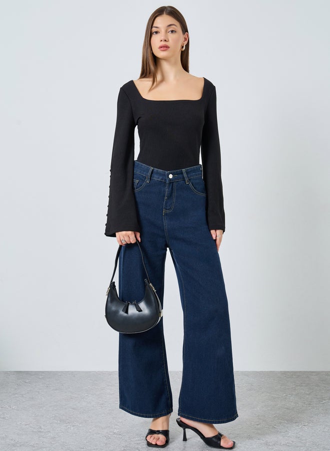 Styli Black Square Neck Ribbed Knit Top - Image 2