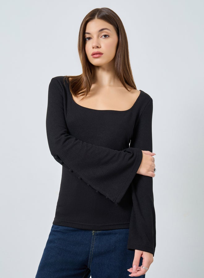 Styli Black Square Neck Ribbed Knit Top - Image 3