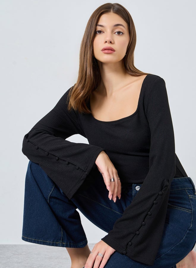 Styli Black Square Neck Ribbed Knit Top - Image 1