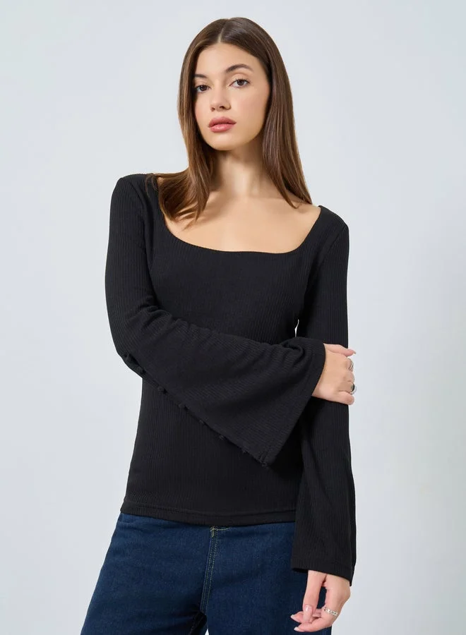 Styli Styli Black Square Neck Ribbed Knit Top