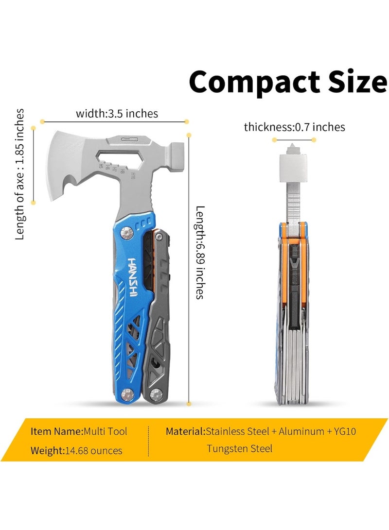 Bukela Camping Axe Multitool with YG10 Tungsten Steel Replaceable Wire Cutters for Gift, 17 in 1 Multi Tool with Spring-Action Pliers, Knife, Screwdriver, Flint Rob, Safty Whistle with Nylon Sheath (Blue) - Image 3