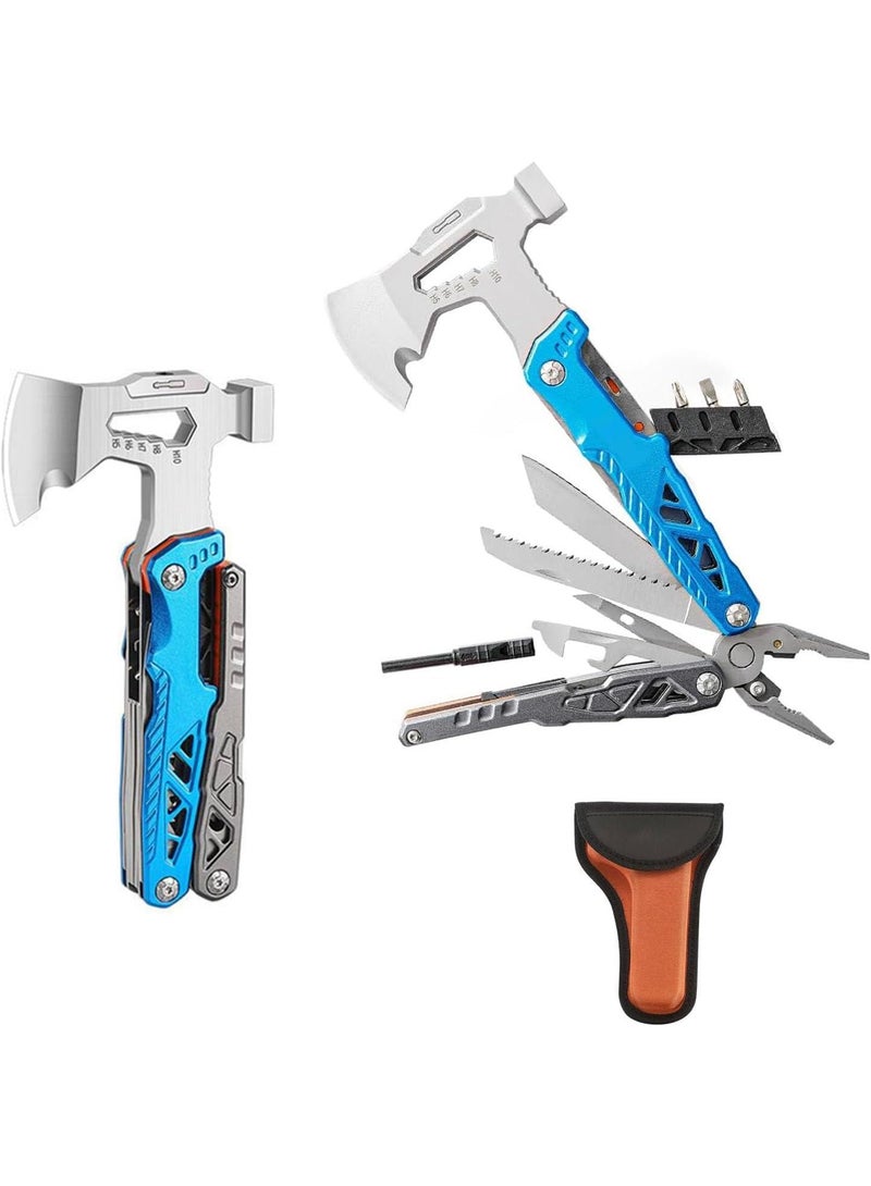 Bukela Camping Axe Multitool with YG10 Tungsten Steel Replaceable Wire Cutters for Gift, 17 in 1 Multi Tool with Spring-Action Pliers, Knife, Screwdriver, Flint Rob, Safty Whistle with Nylon Sheath (Blue) - Image 1