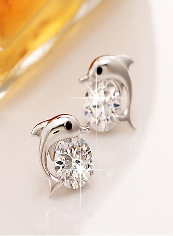 Silver Shoppee Dolphins, Crystal Studded, Sterling Silver Earrings for Girls and Women (SSER1255) - Image 3