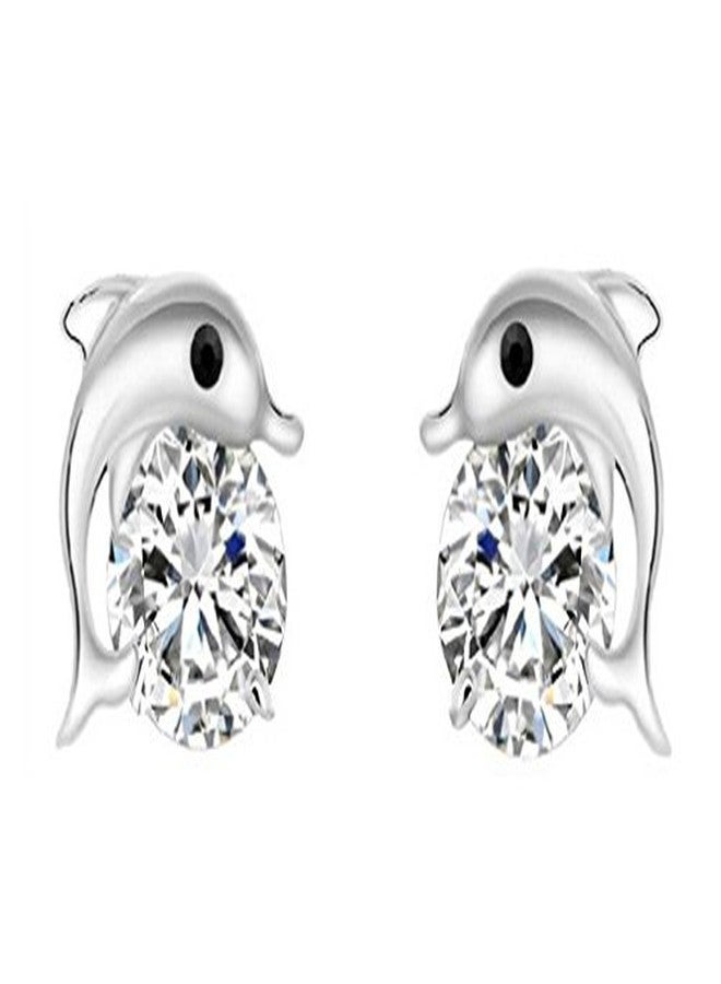 Silver Shoppee Dolphins, Crystal Studded, Sterling Silver Earrings for Girls and Women (SSER1255) - Image 1