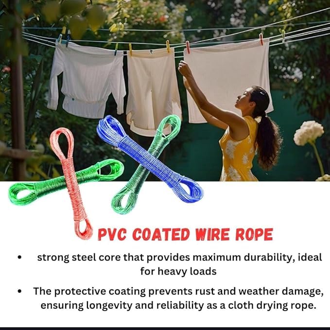 ZEBROC PVC Coated Steel Core Clothesline 20 Meter | Heavy Duty Anti-Rust Wire Rope for Drying Clothes | Weatherproof Tangle-Free PVC Laundry Line for Indoor Outdoor Use (20 Meter Clothesline) - Image 5