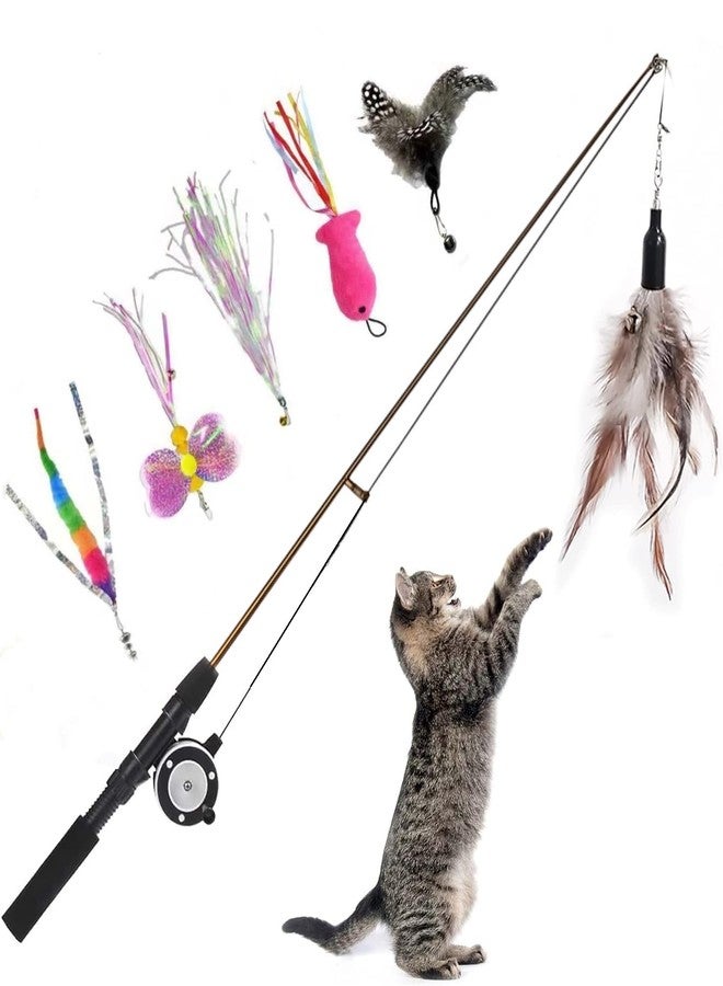 Retractable Cat Teaser Wand Toy, Cat Toys for Indoor Outdoor Cats Interactive Fishing Rod with 6 Pcs Refills Feather Toy, Caterpillar Butterfly & Fish - Image 1
