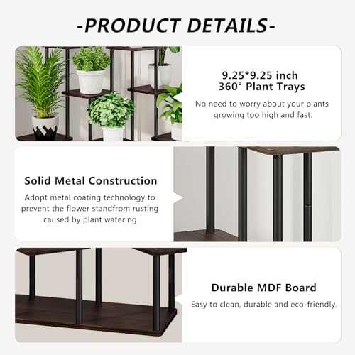 AZERPIAN Plant Stand 9 Tier Indoor Metal Flower Shelf for Multiple Plants Corner Tall Flower Holders for Patio Garden Living Room Balcony Bedroom, Black Oak - Image 5
