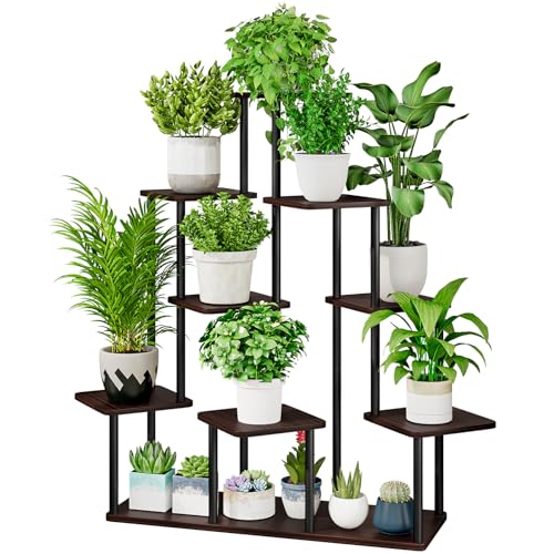 AZERPIAN Plant Stand 9 Tier Indoor Metal Flower Shelf for Multiple Plants Corner Tall Flower Holders for Patio Garden Living Room Balcony Bedroom, Black Oak - Image 1