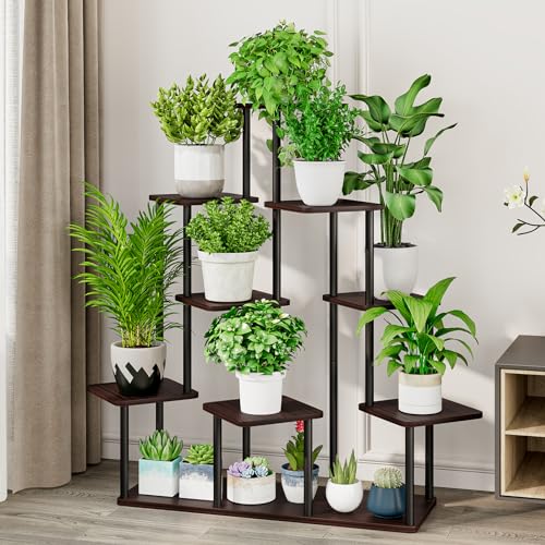 AZERPIAN Plant Stand 9 Tier Indoor Metal Flower Shelf for Multiple Plants Corner Tall Flower Holders for Patio Garden Living Room Balcony Bedroom, Black Oak - Image 2