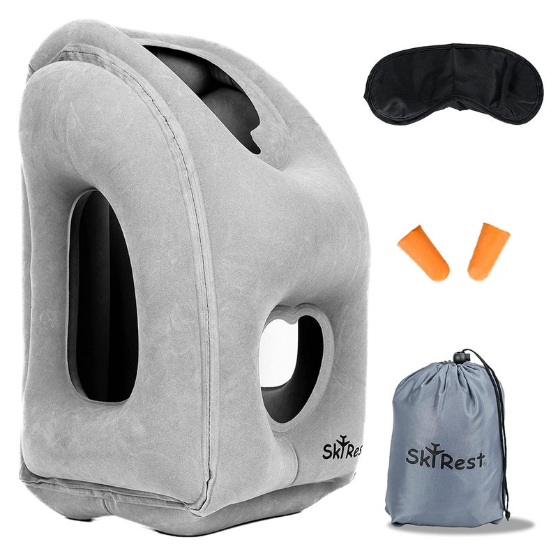 Skyrest Inflatable Travel Pillow Airplane Pillow for Neck Support on Long Flights Buses Cars Office Trains Comes with Eye Mask Earplugs Portable Drawstring Bag Grey