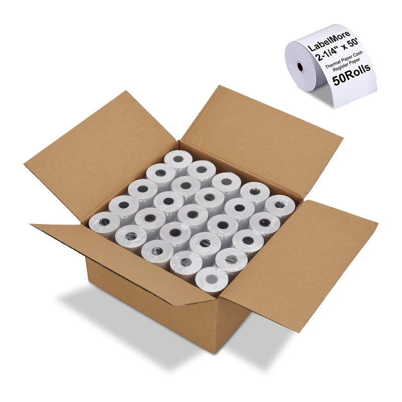 LabelMore (50 لفة) Labelmore 2 1/4 بوصة × 50 بوصة لفات ورق حراري لفات ورق بطاقة الائتمان لفات ورق تسجيل النقدية الحرارية ورق طابعة حرارية Premium Pos - Image 1