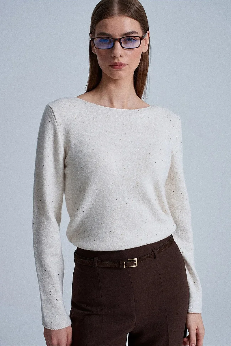 Dilvin Dusty White DILVIN Boat Neck Sequin Knit Sweater for Women | Best Price UAE