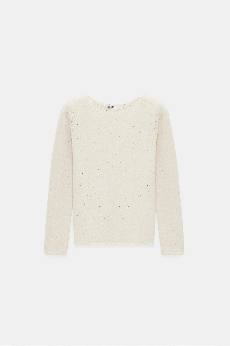 Dilvin Dusty White DILVIN Boat Neck Sequin Knit Sweater for Women | Best Price UAE