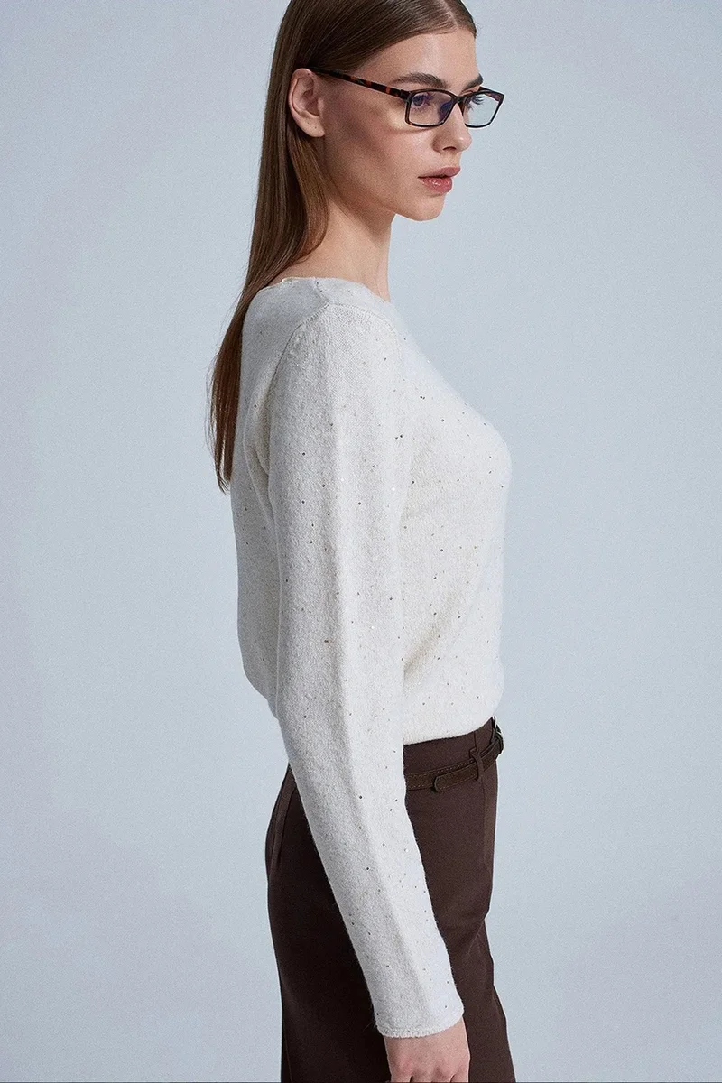Dilvin Dusty White DILVIN Boat Neck Sequin Knit Sweater for Women | Best Price UAE