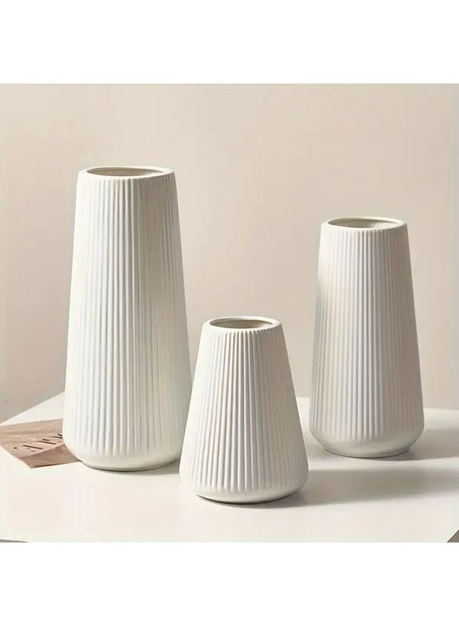 White Oval Plastic Vase With Stripe Texture Minimalist Home Decor - Image 5