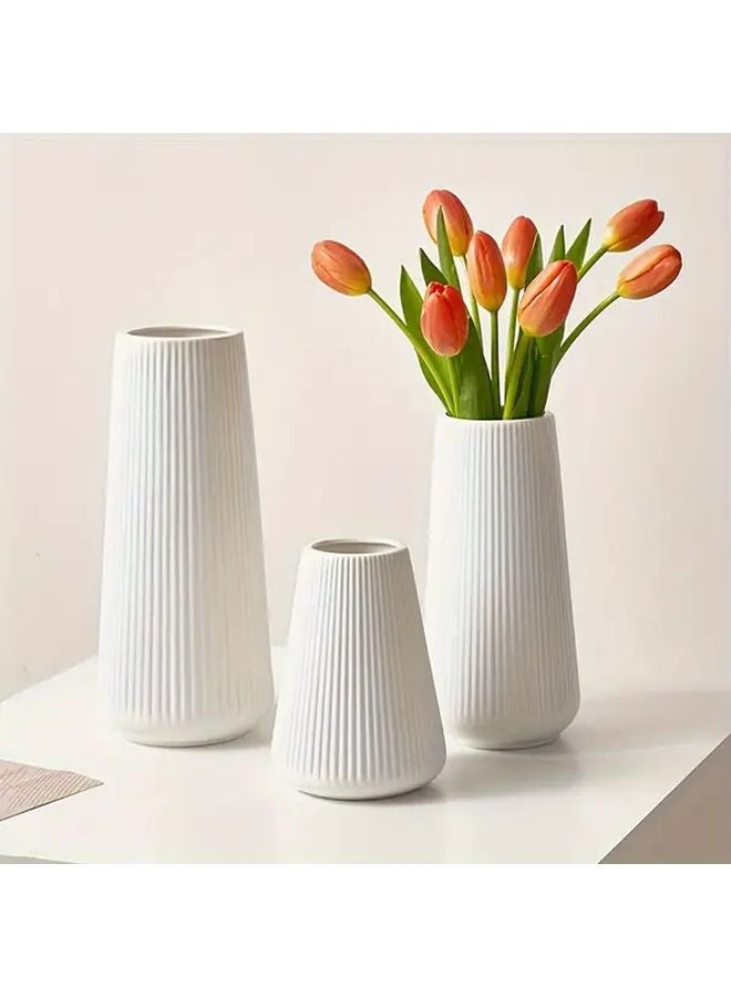 White Oval Plastic Vase With Stripe Texture Minimalist Home Decor - Image 3