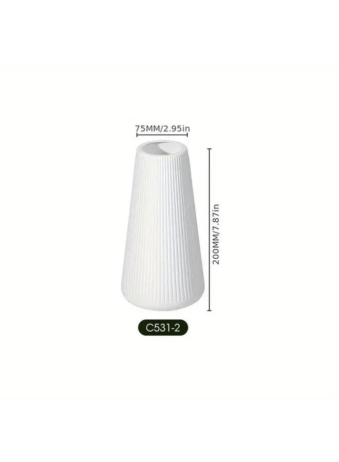 White Oval Plastic Vase With Stripe Texture Minimalist Home Decor - Image 1