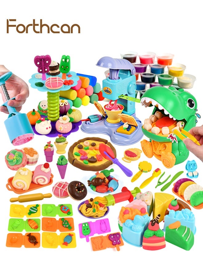 Forthcan 104-Piece 4-in-1 Dough Play Set for Kids Ages 3+, Dinosaur Dentist, Ice Cream Machine, Mooncake Maker & Dessert Stand, Arts & Crafts Modeling Clay Kitchen Play Food Toys - Image 1