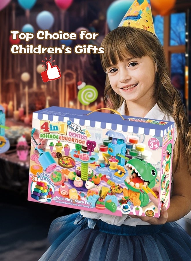 Forthcan 104-Piece 4-in-1 Dough Play Set for Kids Ages 3+, Dinosaur Dentist, Ice Cream Machine, Mooncake Maker & Dessert Stand, Arts & Crafts Modeling Clay Kitchen Play Food Toys - Image 4