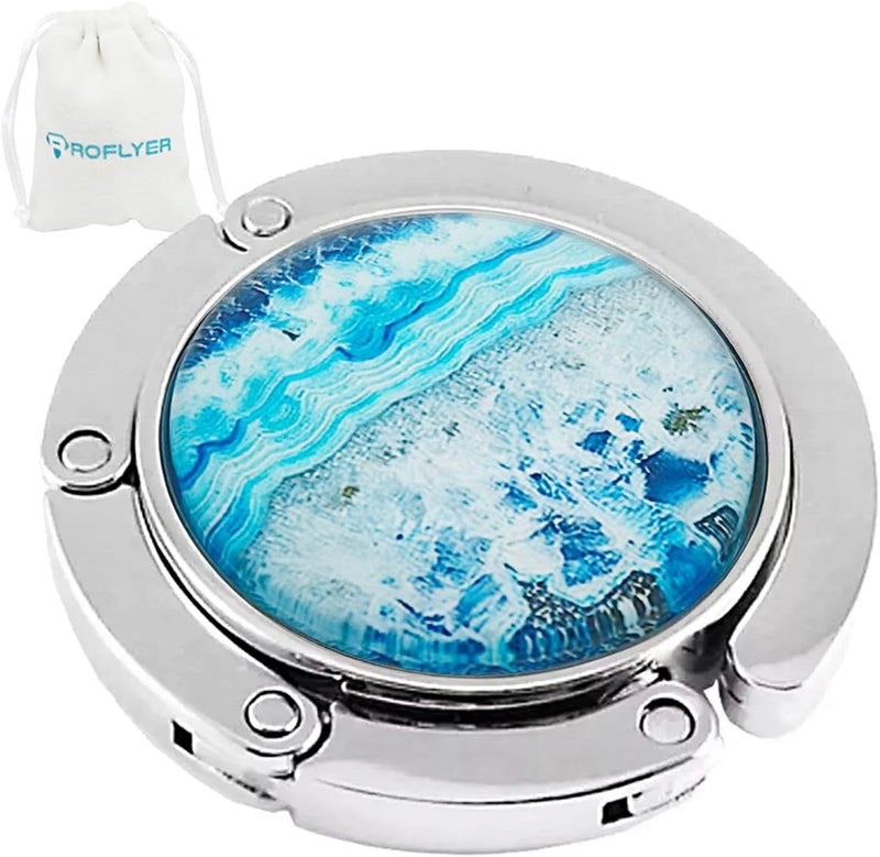 Cute Round Purse Hook - Foldable Handbag Hanger Safer Cleaner Bag, Fold Up Folding Table Hanger, with Velvet Pouch (Wave)