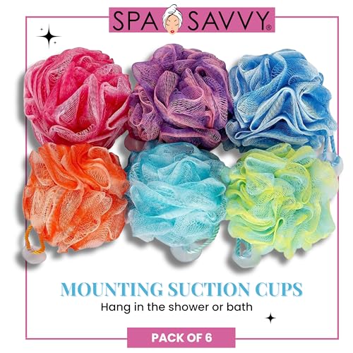Spa Savvy Bath Loofah Set, 6 Pack Shower Pouf Body Sponges with Suction Cups, Exfoliating Bath Accessories for Men and Women, Multicolor - Image 3