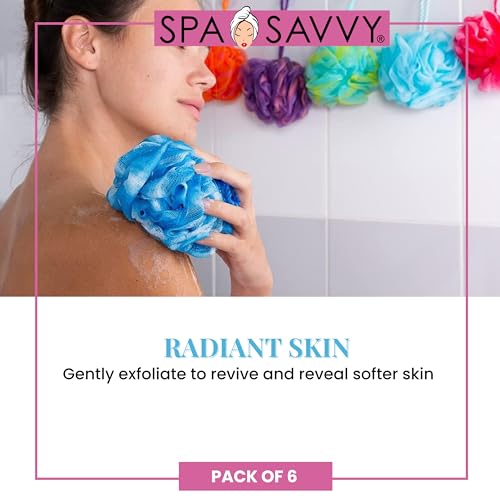 Spa Savvy Bath Loofah Set, 6 Pack Shower Pouf Body Sponges with Suction Cups, Exfoliating Bath Accessories for Men and Women, Multicolor - Image 4