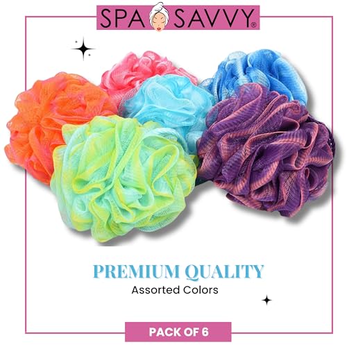 Spa Savvy Bath Loofah Set, 6 Pack Shower Pouf Body Sponges with Suction Cups, Exfoliating Bath Accessories for Men and Women, Multicolor - Image 2