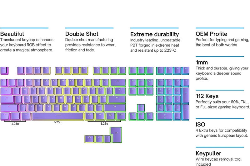 Tobo Pudding PBT Keycaps | 129 Double Shot Translucent ANSI US & ISO Layout | OEM Profile for RGB Mechanical Gaming Keyboard (Purple) - Image 3