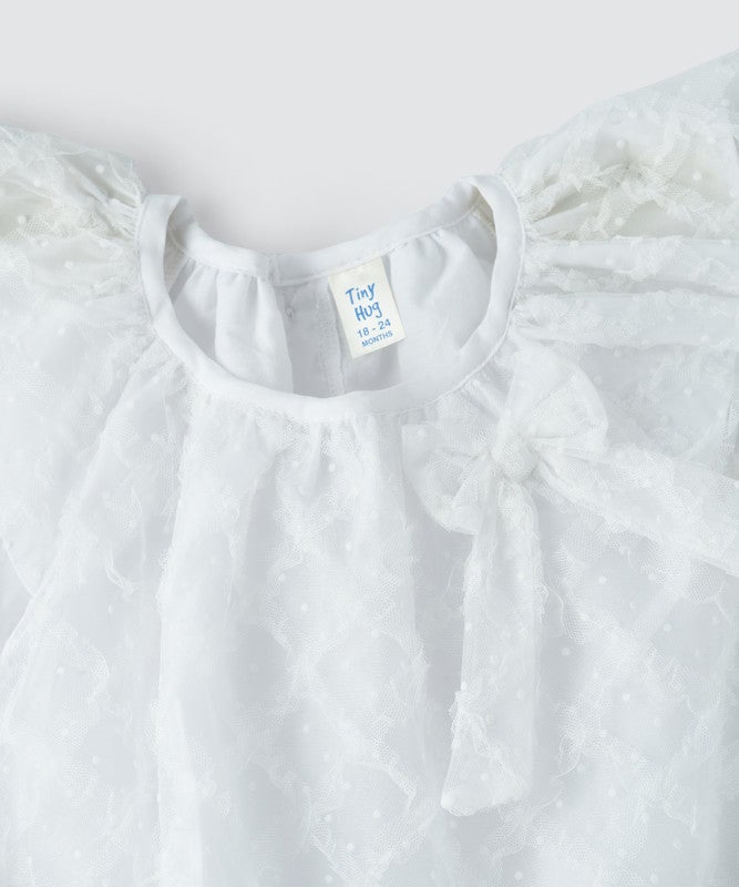 Tiny Hug BABY GIRLS’ WHITE SLEEVELESS DRESS FEATURING A TEXTURED MESH OVERLAY - Image 3