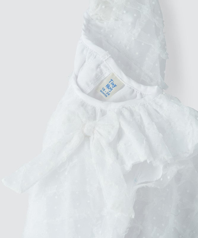 Tiny Hug BABY GIRLS’ WHITE SLEEVELESS DRESS FEATURING A TEXTURED MESH OVERLAY - Image 4