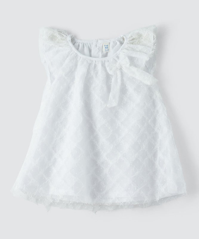 Tiny Hug BABY GIRLS’ WHITE SLEEVELESS DRESS FEATURING A TEXTURED MESH OVERLAY - Image 1