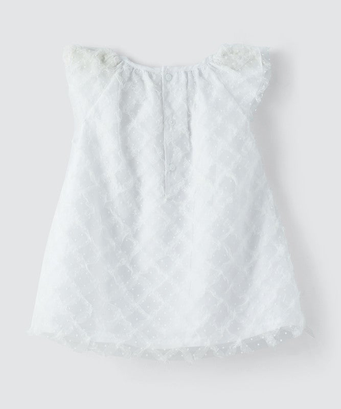 Tiny Hug BABY GIRLS’ WHITE SLEEVELESS DRESS FEATURING A TEXTURED MESH OVERLAY - Image 2