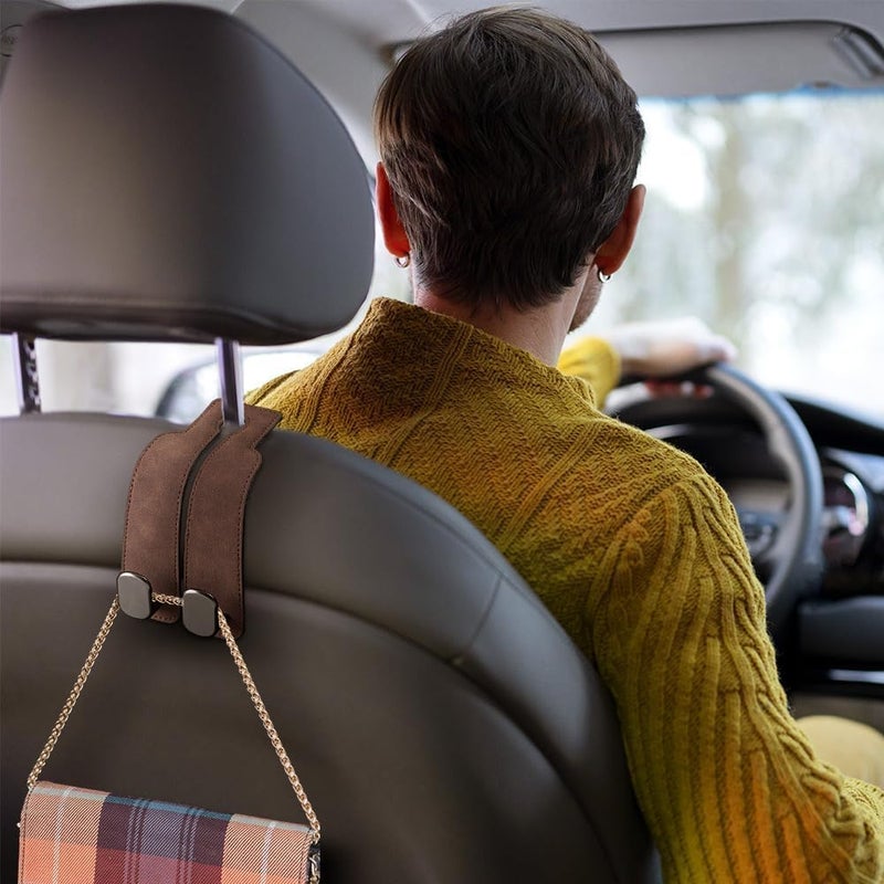 Excefore Leather Car Seat Headrest Hooks - 2 in 1 Multi-Functional Double Hooks for Car Seat Back - Ideal for Purse, Coats, Umbrellas, Grocery Bags, Brown 2PCS - Image 5