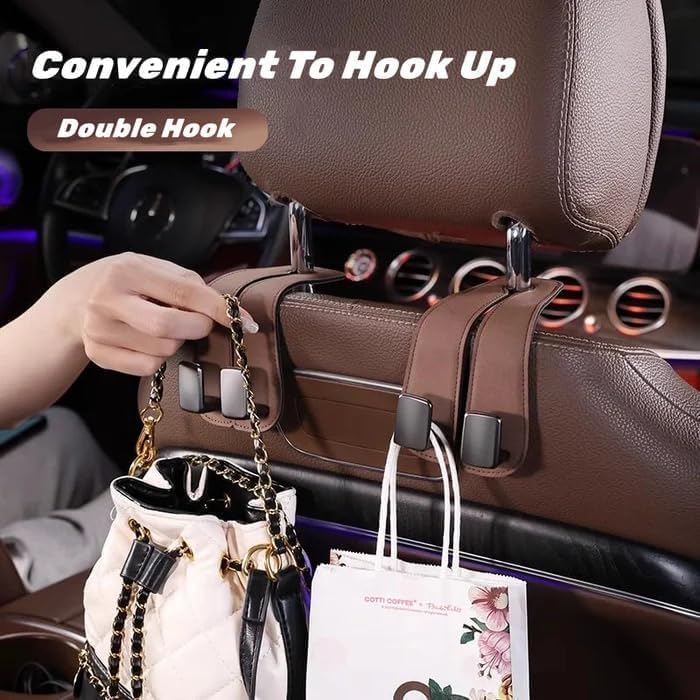 Excefore Leather Car Seat Headrest Hooks - 2 in 1 Multi-Functional Double Hooks for Car Seat Back - Ideal for Purse, Coats, Umbrellas, Grocery Bags, Brown 2PCS - Image 2